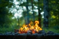 Outdoor ambiance Campfire flickers over vibrant green background