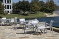 Outdoor architecture and group of tables and chairs Royalty Free Stock Photo