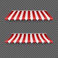 Outdoor awnings. Striped tents or textile roof for marketplace. Red and white sunshade. Vector illustration Royalty Free Stock Photo