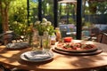 outdoor backyard table setting with grilled pizzas and drinks