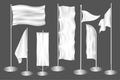 Outdoor banners mega set in 3d realistic design. Bundle elements of white empty mockups of flags and posters on steel poles for