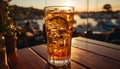 Outdoor bar with sunset, wood table, ice, and refreshing cocktails generated by AI