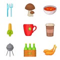 Outdoor barbecue fried icons set, cartoon style