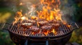 Outdoor Barbecue Grill with Flames in Garden Cooking Area