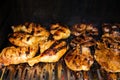 Outdoor barbecue -grilling chicken and beef meat Royalty Free Stock Photo