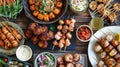 Outdoor barbecue party spread on wooden table