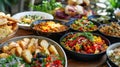 Outdoor barbecue party spread on wooden table