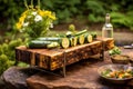 outdoor barbecue setup with cedar plank zucchini