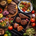 An outdoor barbecue with various meats and colorful grilled vegetables3