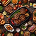 An outdoor barbecue with various meats and grilled vegetables3