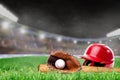 Outdoor Baseball Stadium With Helmet, Bat, Glove and Ball Royalty Free Stock Photo