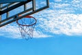 outdoor basketball game concept. basketball net against the blue sky with clouds Royalty Free Stock Photo