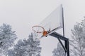 Outdoor basketball hoop with net, covered by hoarfrost