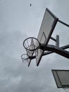 Outdoor basketball rings with chain nets at different levels. Street basketball hoop with a view from below. Street sport during Royalty Free Stock Photo