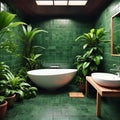 Outdoor bathroom in tropical jungle with dark green tiles, green plants.