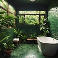 Outdoor bathroom in tropical jungle with dark green tiles, green plants.