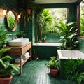 Outdoor bathroom in tropical jungle with dark green tiles, green plants.