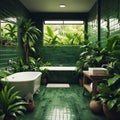 Outdoor bathroom in tropical jungle with dark green tiles, green plants.