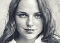 Outdoor beauty. Portrait of smiling young and happy woman with freckles. Black and white. Royalty Free Stock Photo