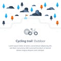 Trail map with flag, outdoor biking, cycling route, countryside landscape, sport activity, vector bicycle icon