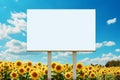 Outdoor billboard template mockup standing in field of sunflowers on blue sky background Royalty Free Stock Photo