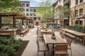 outdoor bistro, with communal tables and open kitchen, offering chef-prepared meals to patrons
