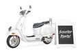 Outdoor Blackboard Bike Rental Display near White Classic Vintage Retro or Electric Scooter. 3d Rendering