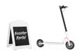 Outdoor Blackboard Bike Rental Display near White Modern Eco Electric Kick Scooter. 3d Rendering