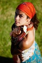 Outdoor, bohemian and woman in nature, portrait and clothes with aesthetic of fashion and above. Peace, female person Royalty Free Stock Photo