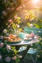 Outdoor breakfast with pastries and coffee in springtime. Food and beverage marketing,. AI Generated Royalty Free Stock Photo