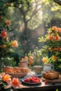 Outdoor breakfast with pastries and coffee in springtime. Food and beverage marketing,. AI Generated Royalty Free Stock Photo