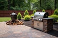 outdoor brick grill in a fenced backyard