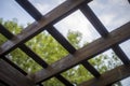 An outdoor brown and wooden porch with a blurry sky background