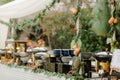 Outdoor buffet featuring a variety of vibrant colored dishes set up at an outdoor event venue Royalty Free Stock Photo