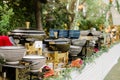 Outdoor buffet featuring a variety of vibrant colored dishes set up at an outdoor event venue Royalty Free Stock Photo