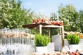 Open-air buffet table, glasses and cold snacks before the start of the holiday against the background of flowering trees in the Royalty Free Stock Photo