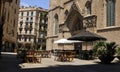 Outdoor cafe and buildings in the Gothic quarter of Barcelona