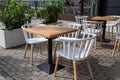 Outdoor cafe. Empty tables and chairs stand on cobblestone pavement next to green bushes in square concrete pots for Royalty Free Stock Photo