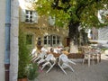 An outdoor cafe in a little hillside town in France