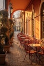 outdoor cafe terrace with empty tables and chairs Royalty Free Stock Photo