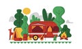 Outdoor camp background. Doodle picnic summer scene with caravan tent. Tourist automobile van. Forest or bonfire