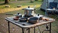 Outdoor camping cookware set on table with pots and pans in natural setting Royalty Free Stock Photo