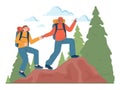 Outdoor camping and hiking. Characters with backpacks spending