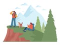 Outdoor camping and hiking. Characters with backpacks spending