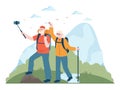 Outdoor camping and hiking. Elder characters traveling with trekking