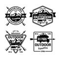 Outdoor camping and rv campers park vector monochrome emblems, badges, labels or logos isolated on white background