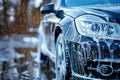 Outdoor car wash with foam soap, Washing Car Backdrop, washing with Copy Space Royalty Free Stock Photo