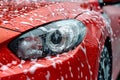 Outdoor car wash with foam soap, Washing Car Backdrop, washing with Copy Space Royalty Free Stock Photo