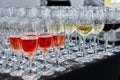 Outdoor catering banquet in summer. ÃÂ¡atering services. Rows of glasses with wine at restaurant party or celebration. Royalty Free Stock Photo