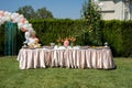 Outdoor catering food at the wedding. Fine Banquet Table in the back yard.